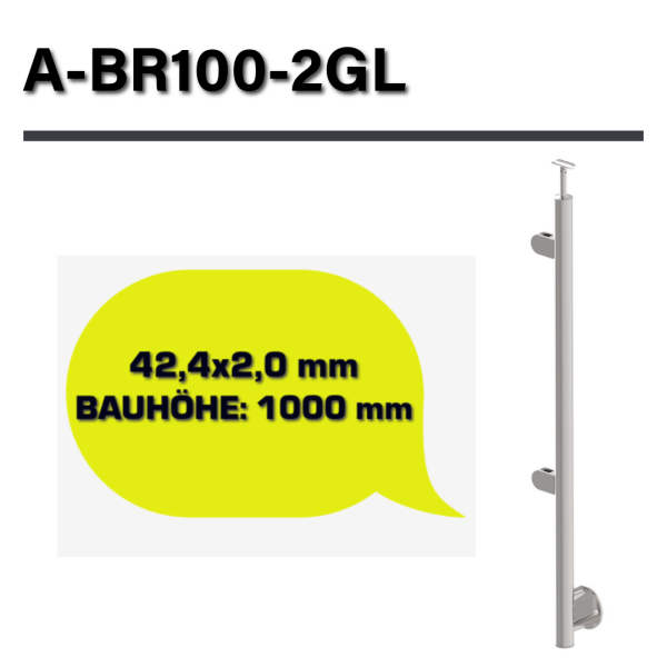 Edelstahl Geländerpfosten links Ø42,4 Bauhöhe 1000mm mit 2x Glasklemmen 63x45mm vorgesetzt Geländer V2A
